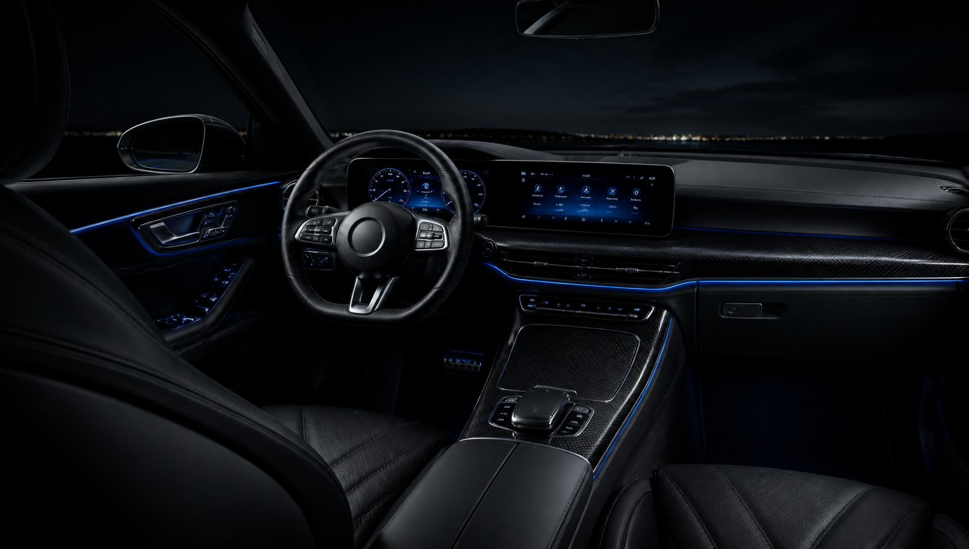 Immaculate black leather car interior lit with electric blue ambient light